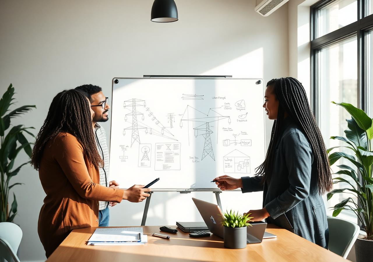 Line Corner consultants sketching electricity grid diagrams on a whiteboard