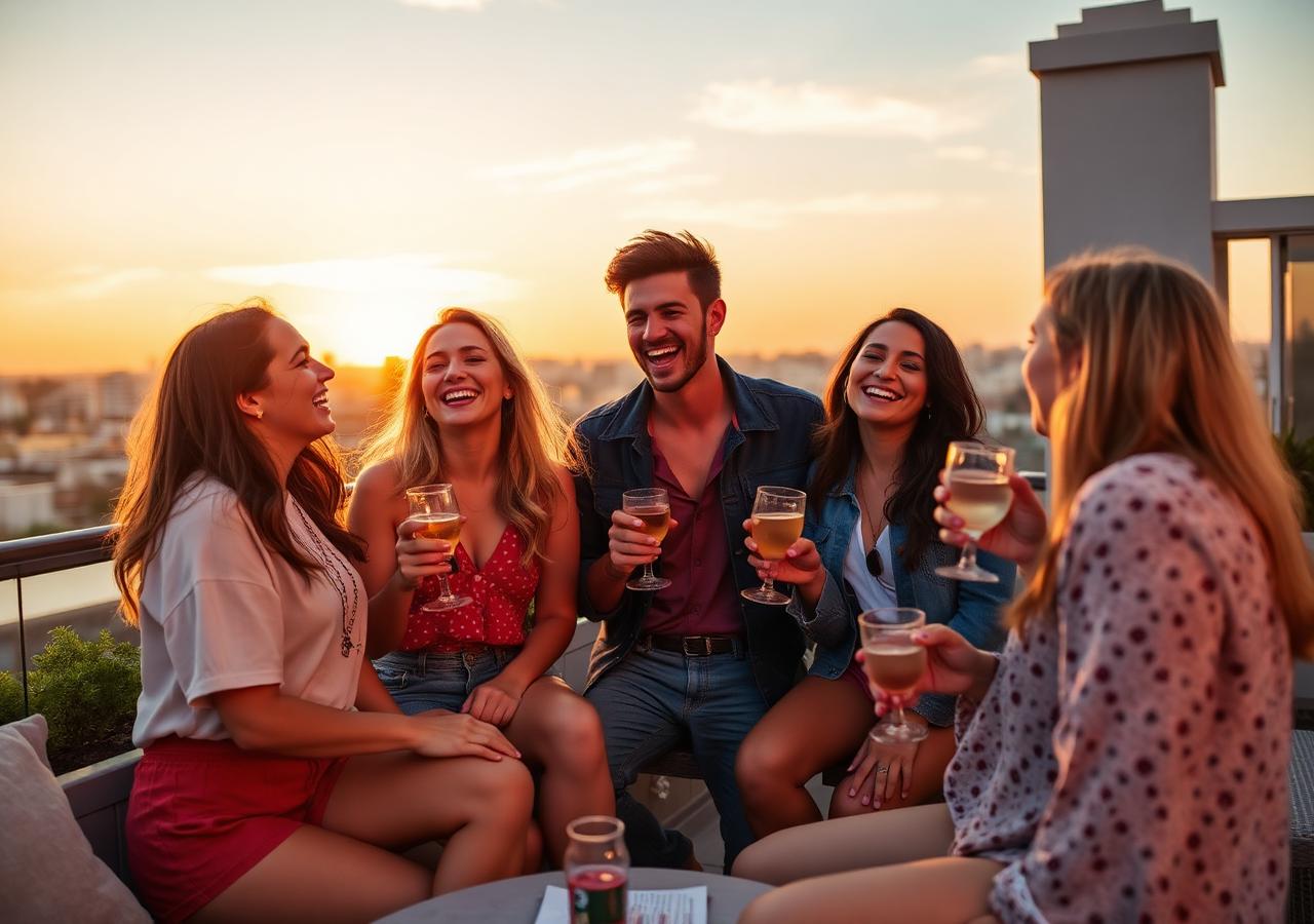 The Line Corner team celebrating together on a rooftop terrace at sunset